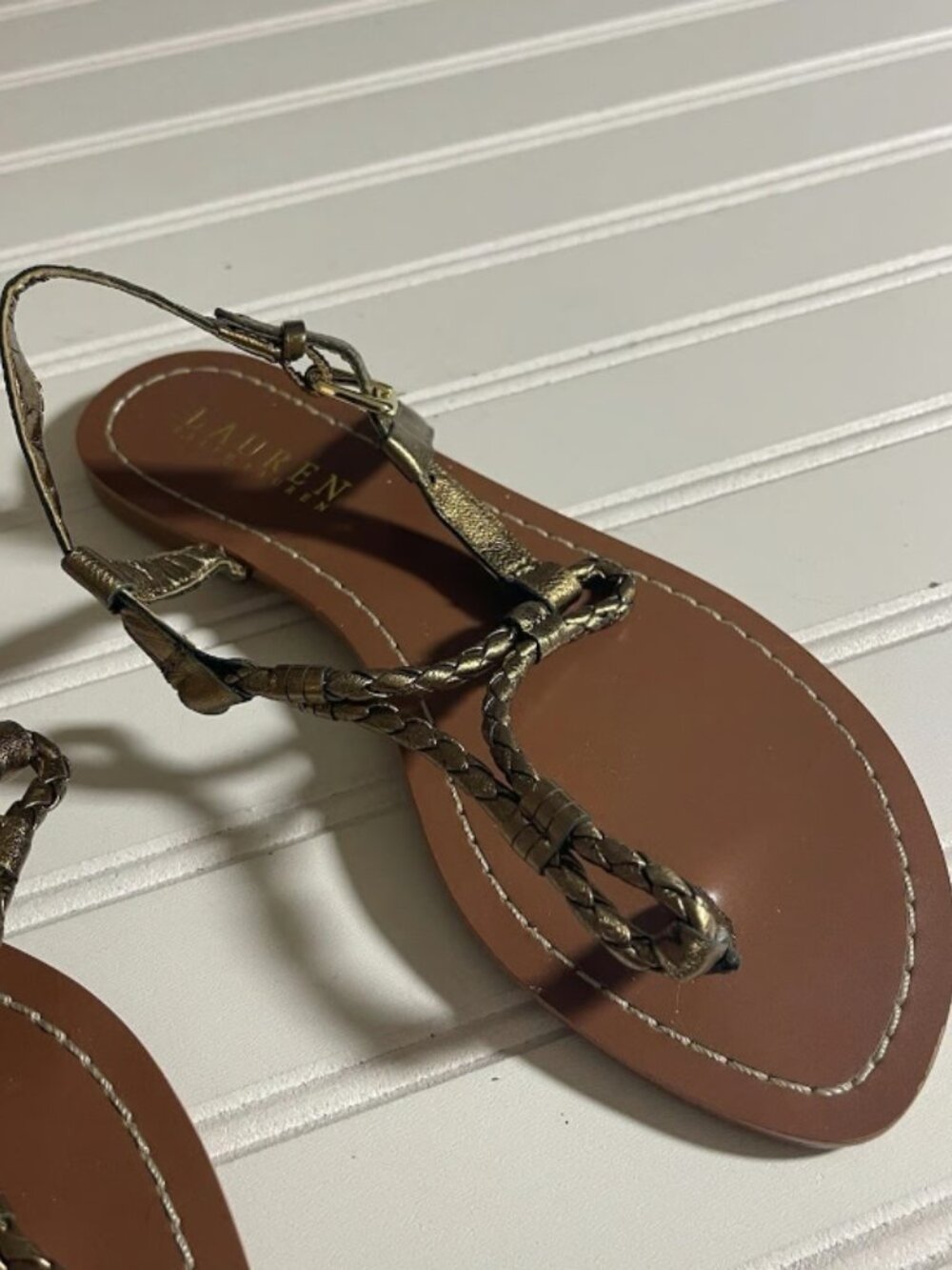Lauren Ralph Lauren Leather Braided Slingback Thong Sandals Women's 5.5B Gold - Picture 5 of 12